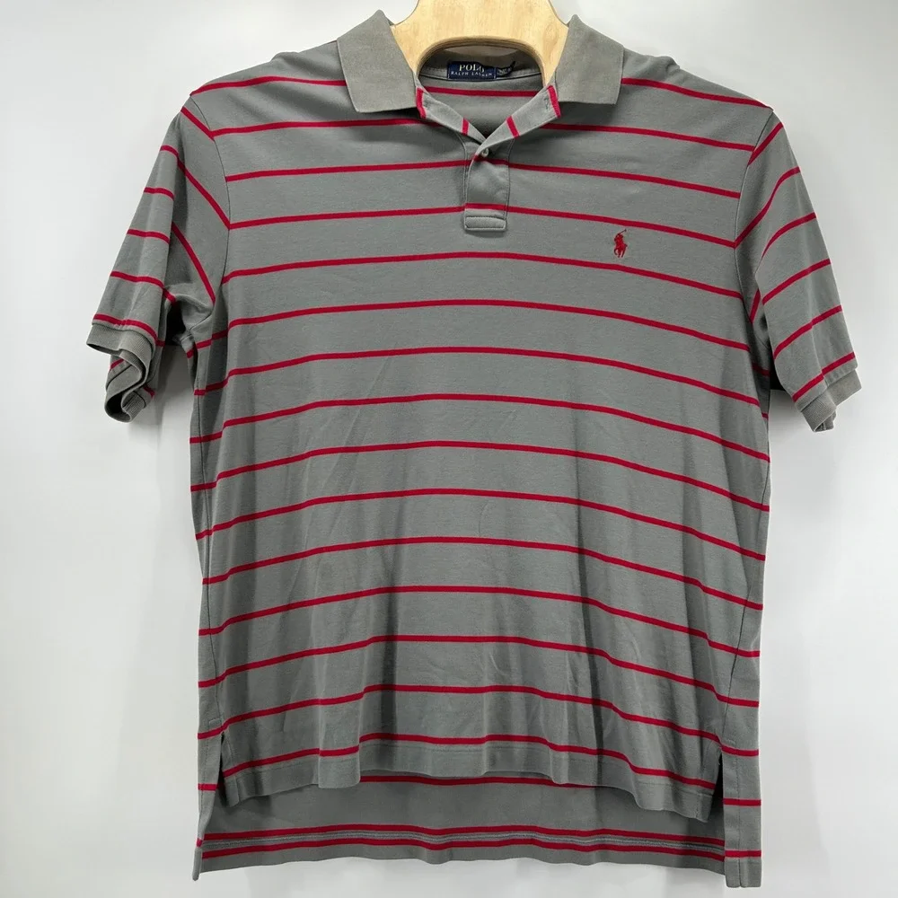 Polo Ralph Lauren Polo Shirt Mens XLT Grey Red Striped Cotton Tall Short Sleeve